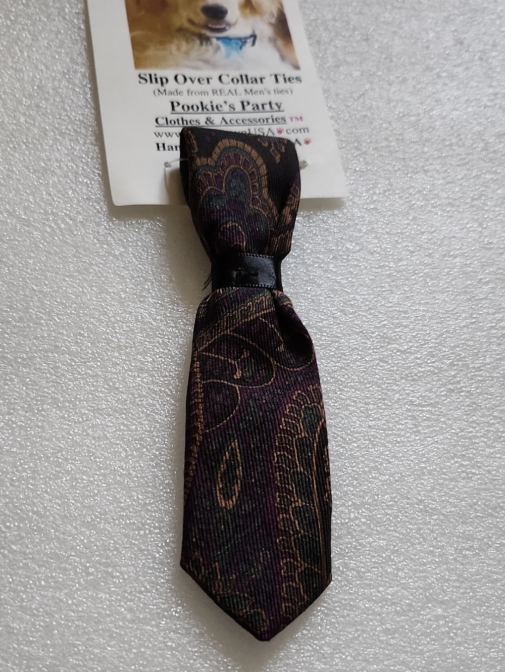 Hand Crafted Brown & Purple Paisley Slip-Over Dog Collar Tie